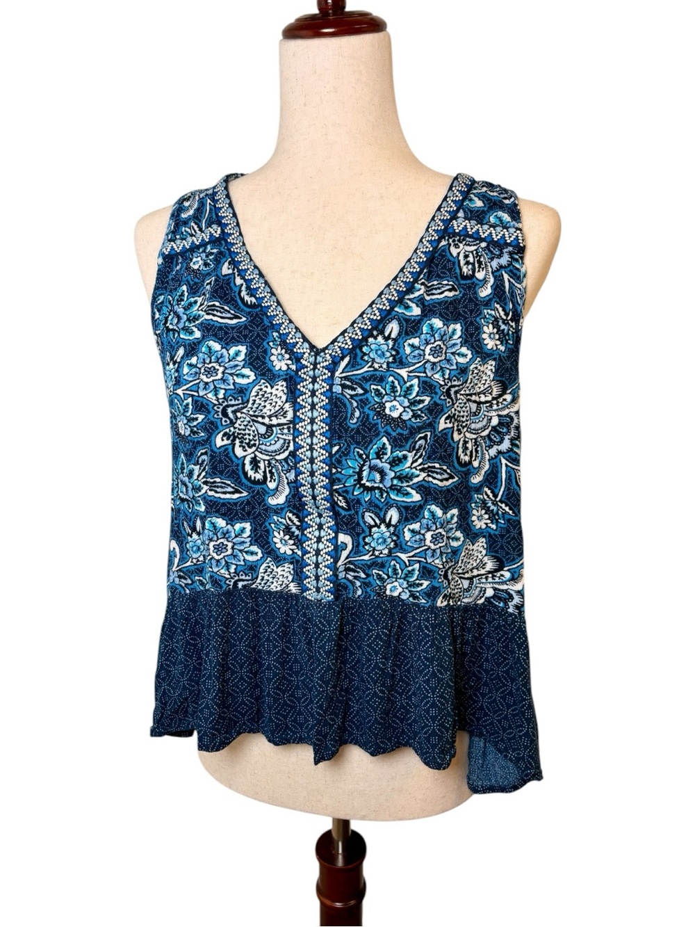 Patrons Of Peace Blue Floral Embroidered Peplum Tank Top Boho Large